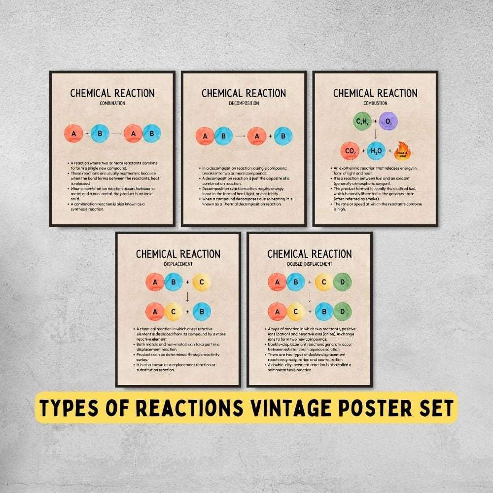 Vintage Types of Chemical Reactions Posters for Chemistry Classroom Decor