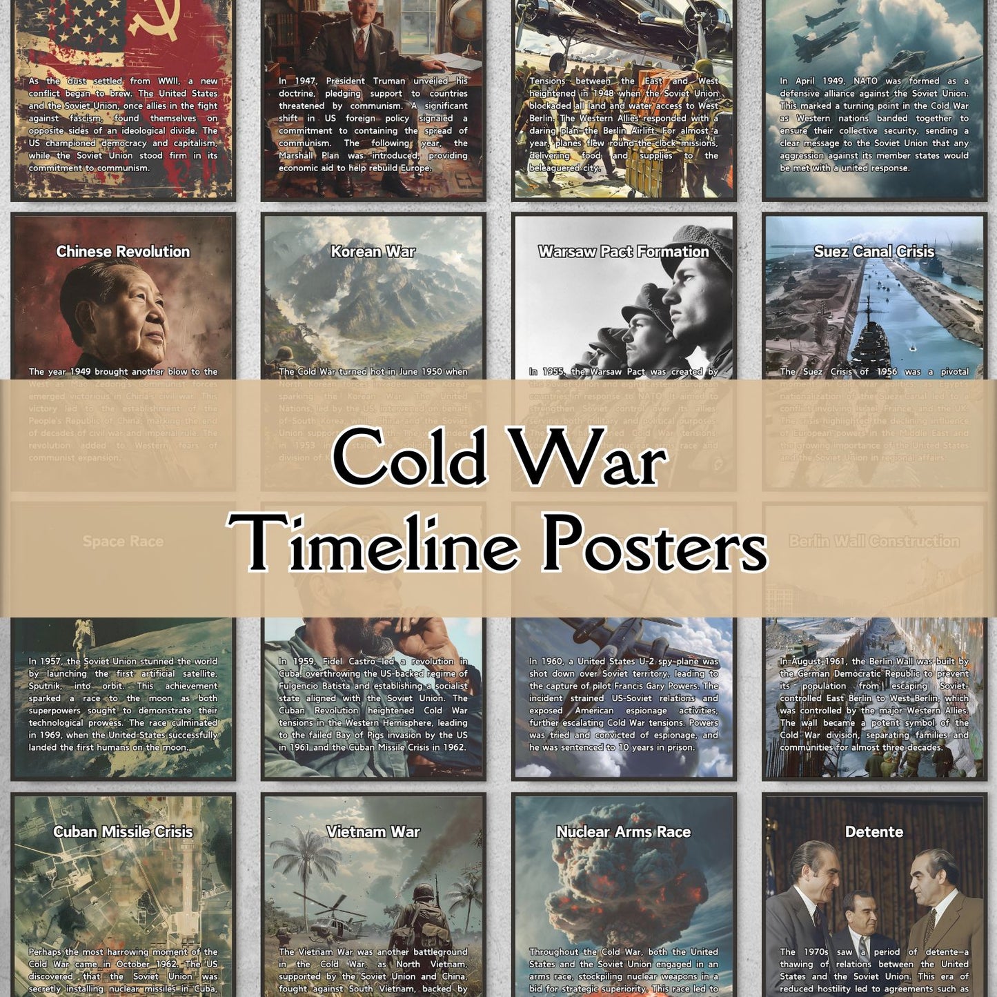 18 Chronological Cold War timeline posters for History classroom decor