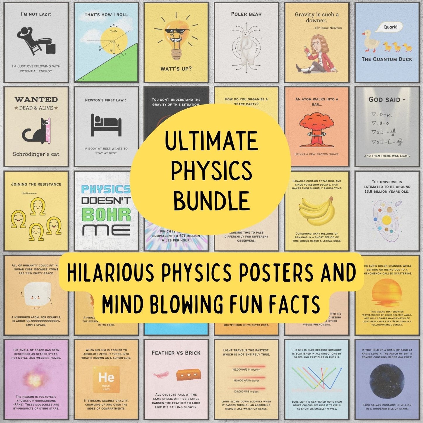 Bundle of fun facts and funny posters for physics classroom decoration