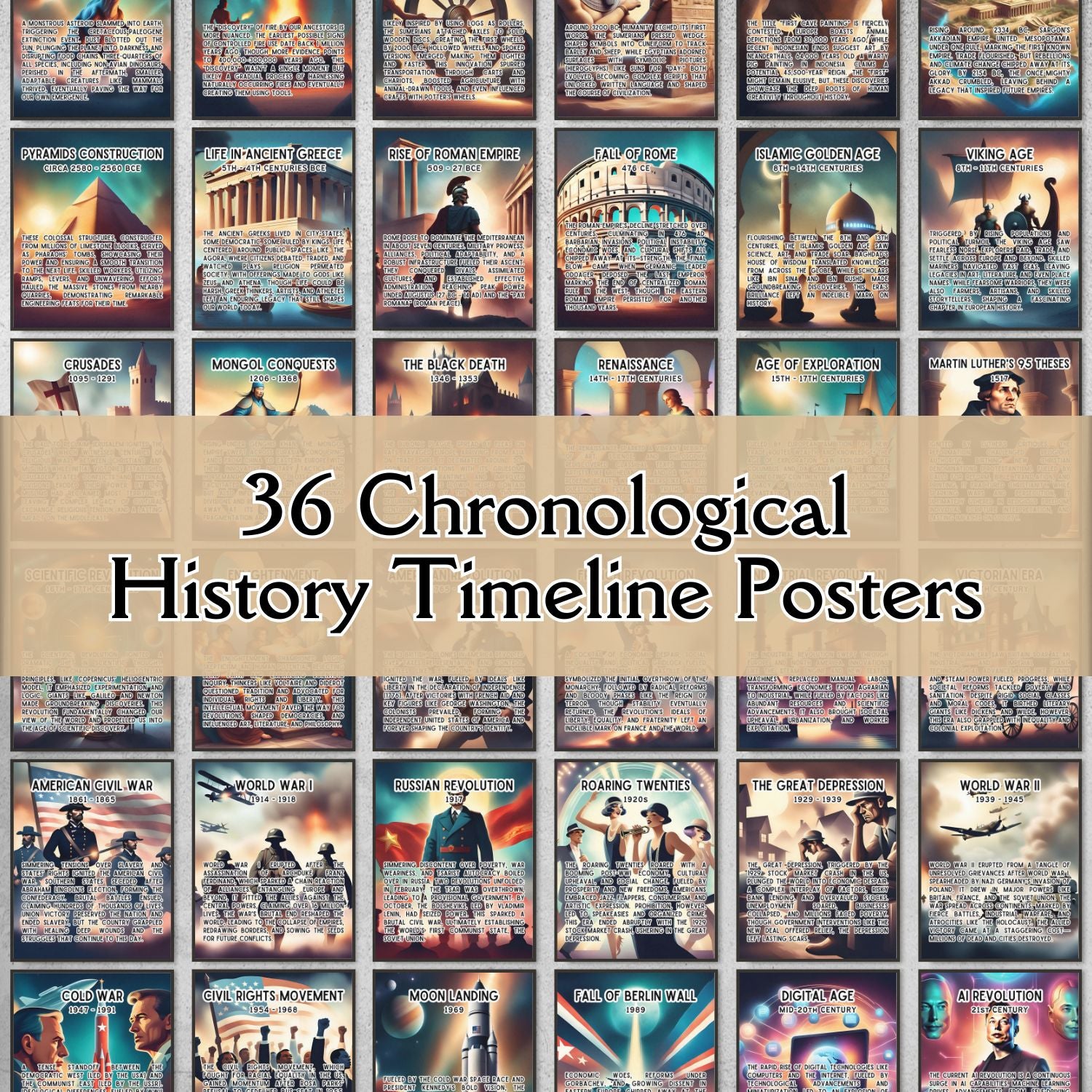 36 Chronological History timeline posters for history classroom decor