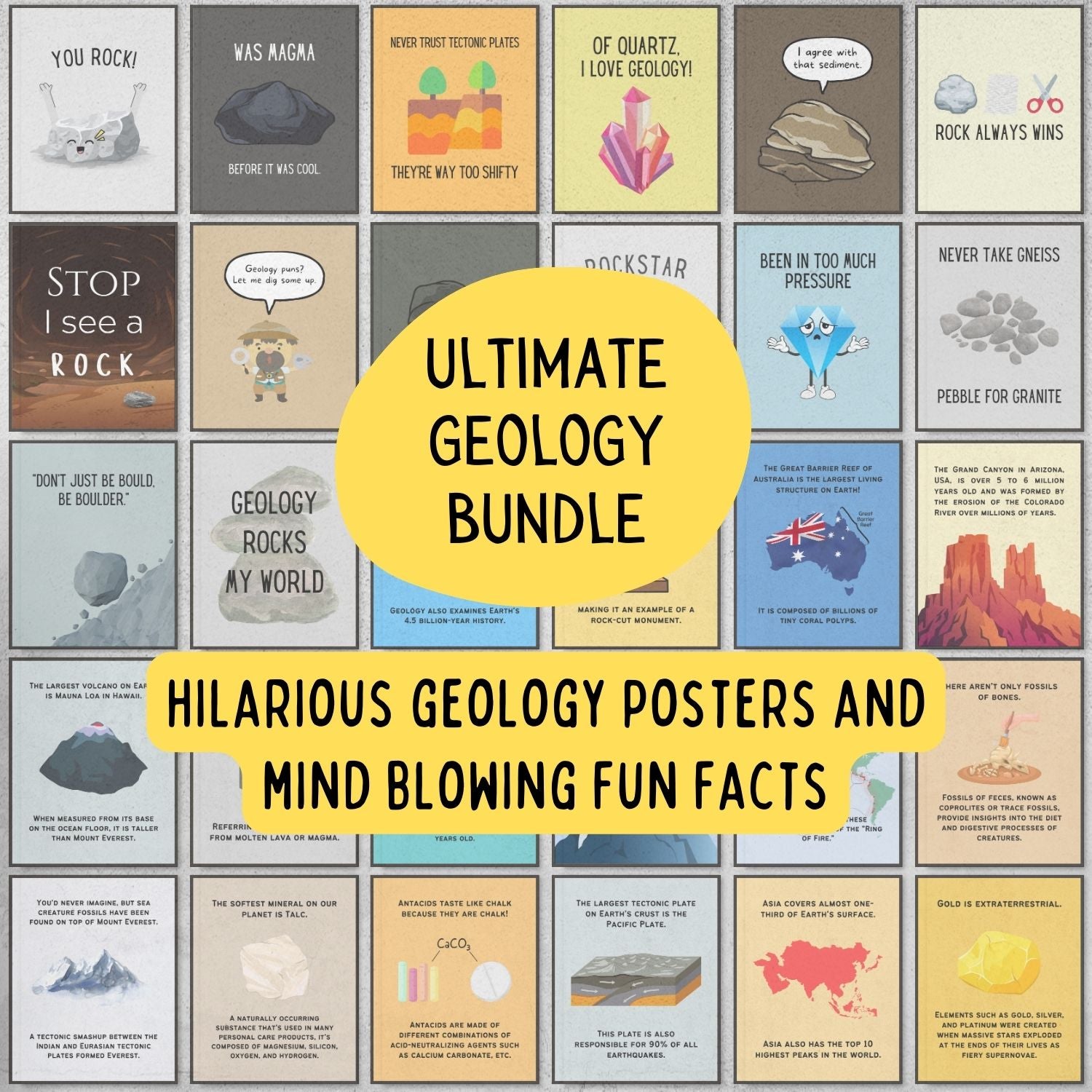 Bundle of fun facts and funny posters for geology classroom decoration