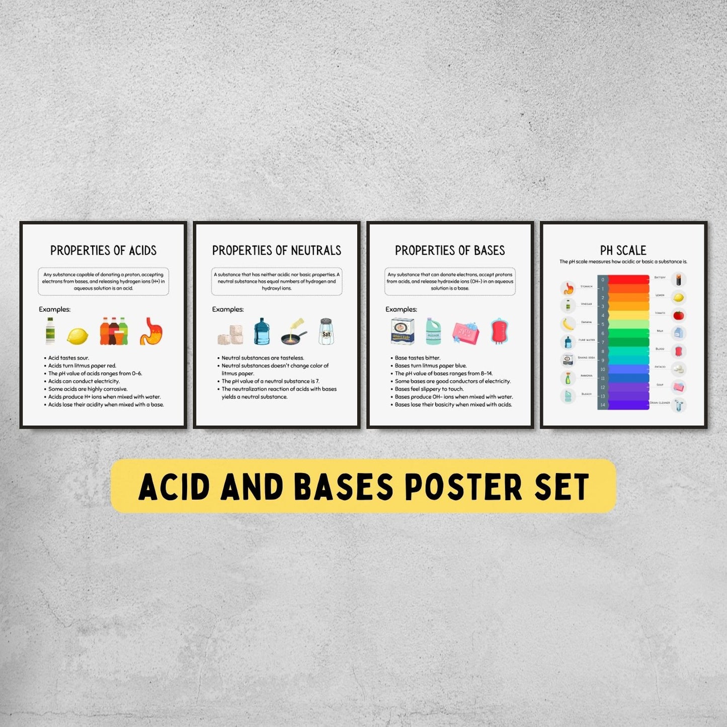 Acids and bases poster set for science class decoration