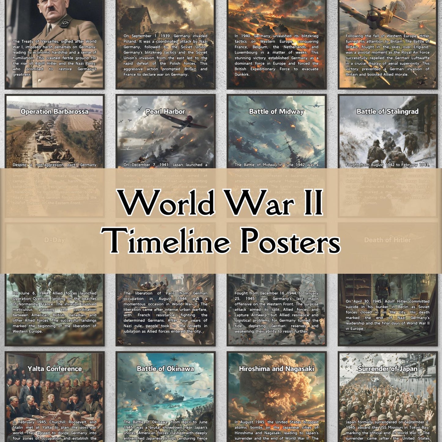 18 Chronological World War II timeline posters for History classroom decor