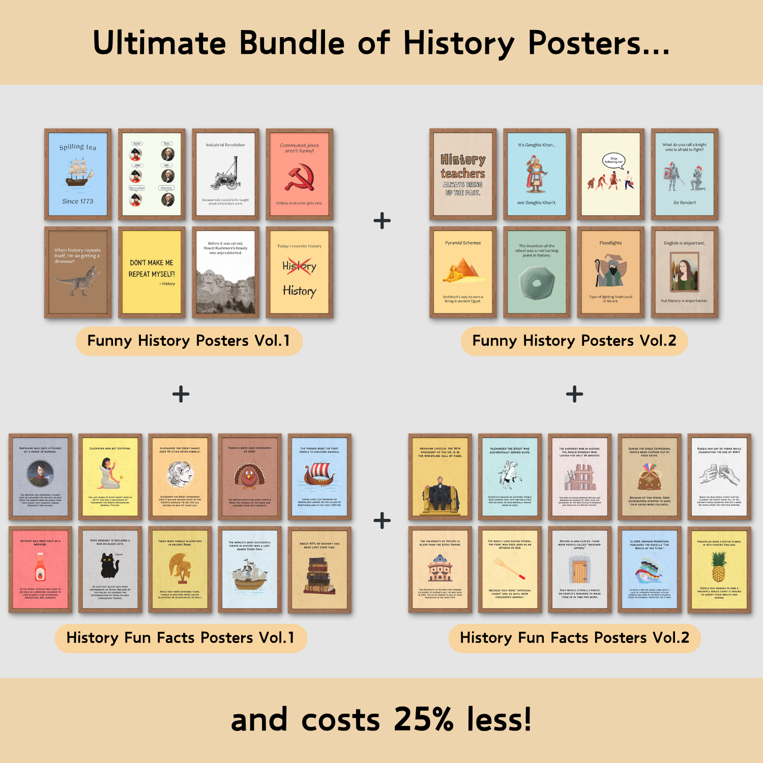 Bundle of fun facts and funny posters for history classroom decor