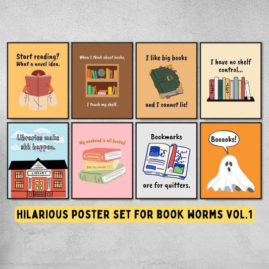 set of 8 funny literary arts printable posters, book lover wall art, english classroom posters, funny library posters, funny teacher gift - Eggcellent Educator