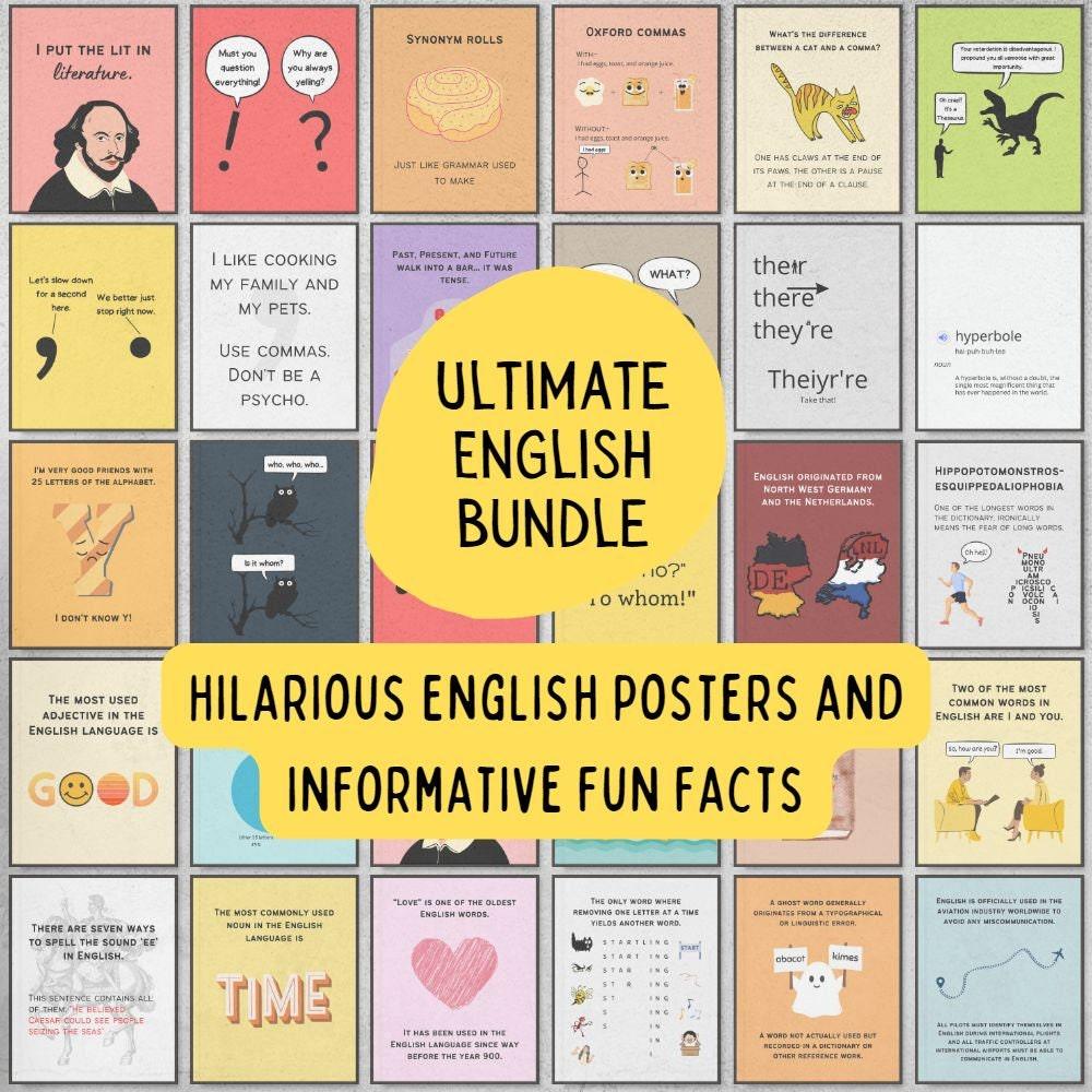 Bundle of fun facts and funny posters for english classroom decor