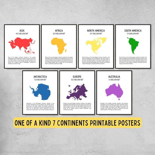 7 continents poster set for geography classroom decoration